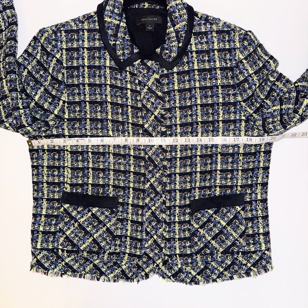 Ann Taylor Tweed Blazer Jacket Blue Green Cream Plaid Zip Front Collared 12 EUC - Picture 10 of 15